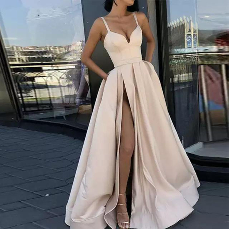 Satin Deep V Neck Sleeveless Evening Dress