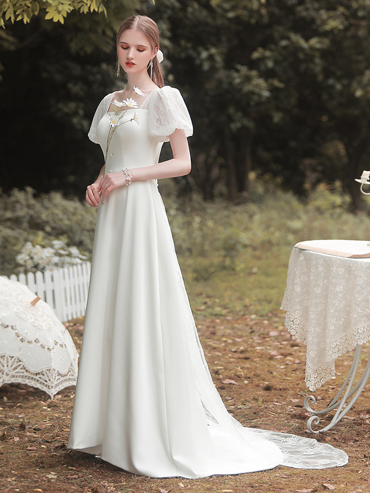 White Satin Short Puff Sleeves Long Wedding Dress