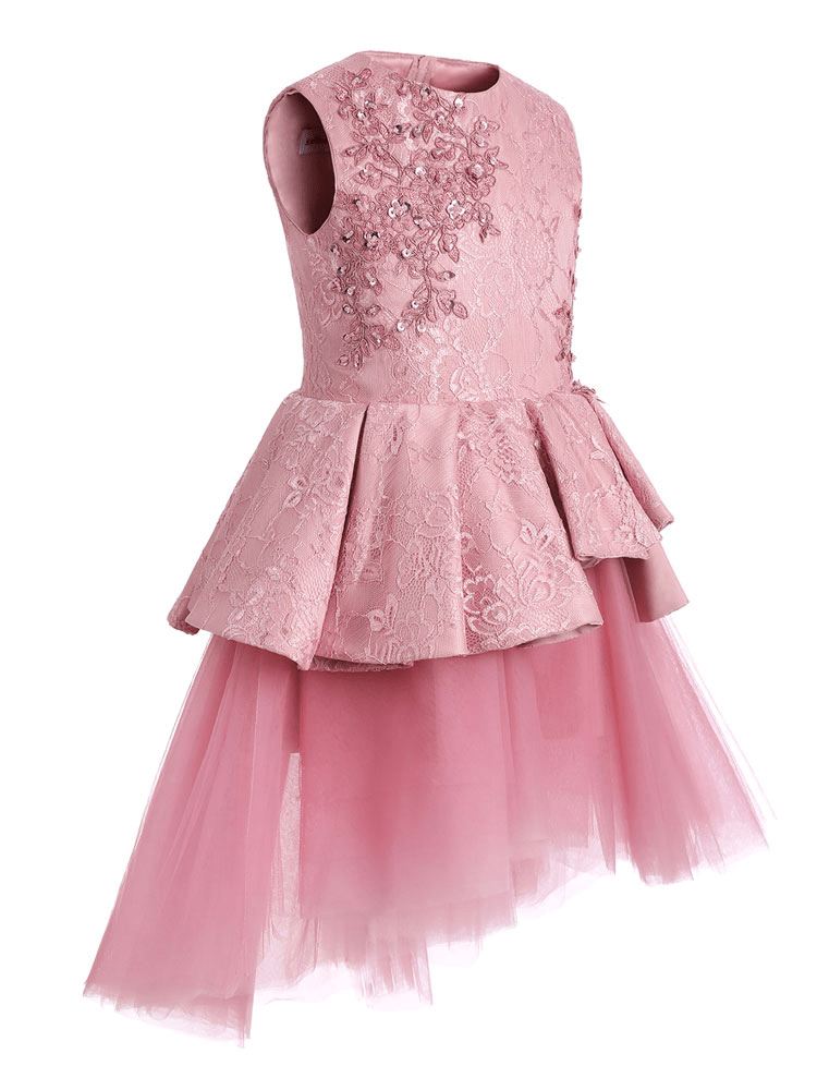 A-Line Pink Lace Appliqued Sleeveless Kids Party Dress