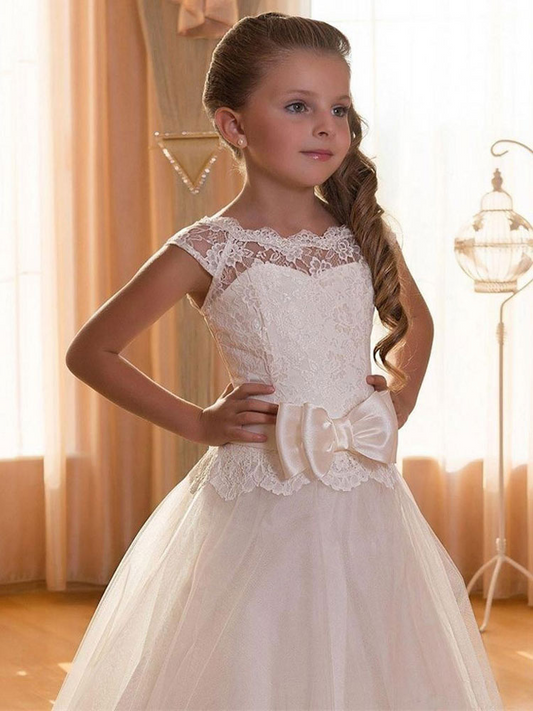 White Lace Jewel Neck Sleeveless Kids Wedding Dress