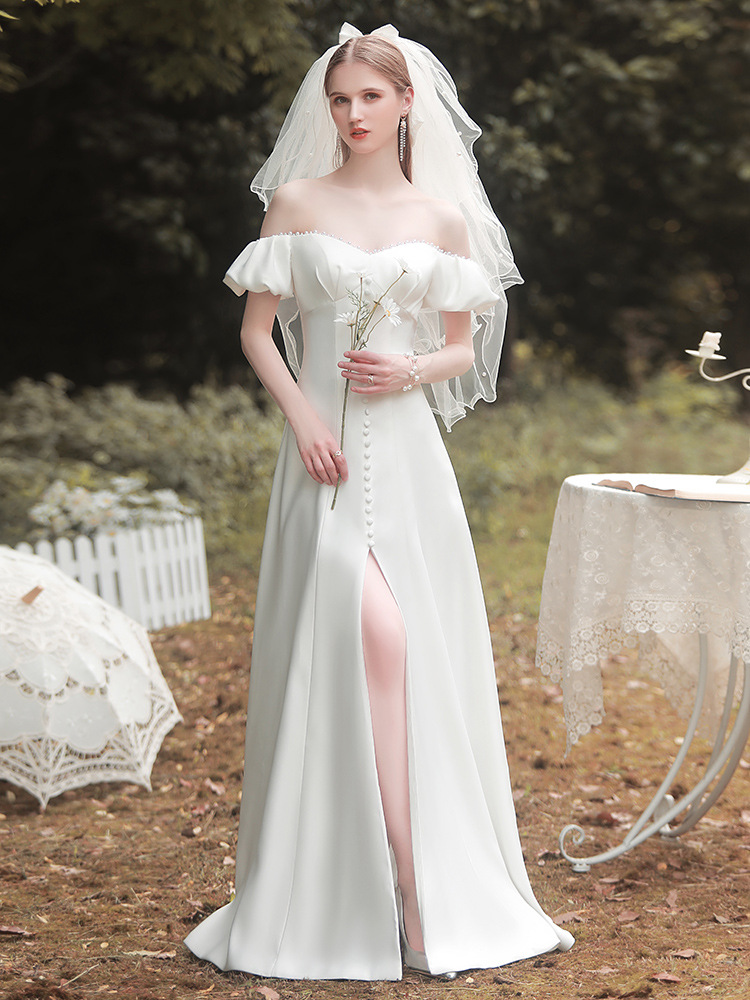 White Satin Off-Shoulder Long Slit Wedding Dress