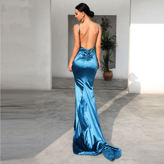 Satin Back Less Mermaid Long Evening Dress