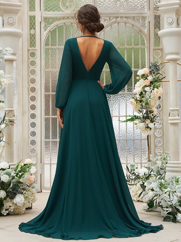 Deep V-Neck Long Sleeves Maxi Bridesmaid Dress