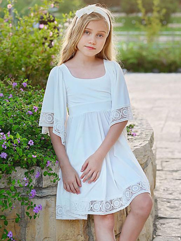 White A-Line Square Neck Half Sleeves Kids Party Dress