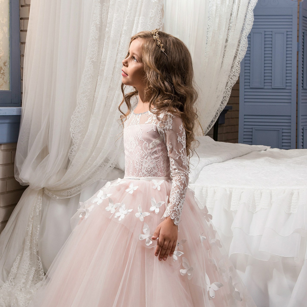 Lace Butterfly Applique Full Sleeves Kids Wedding Dress