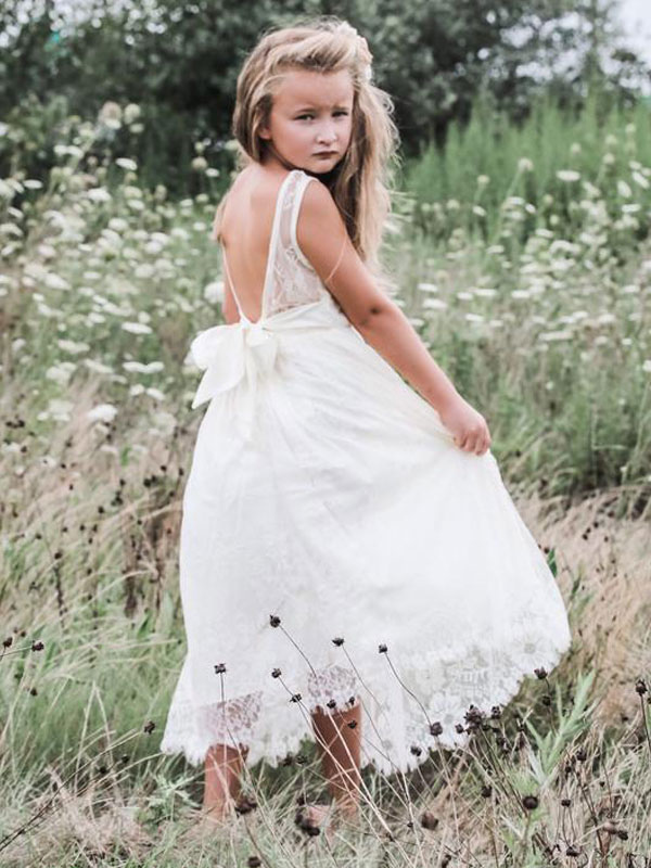 White Lace Jewel Neck Sleeveless Backless Kids Party Dress