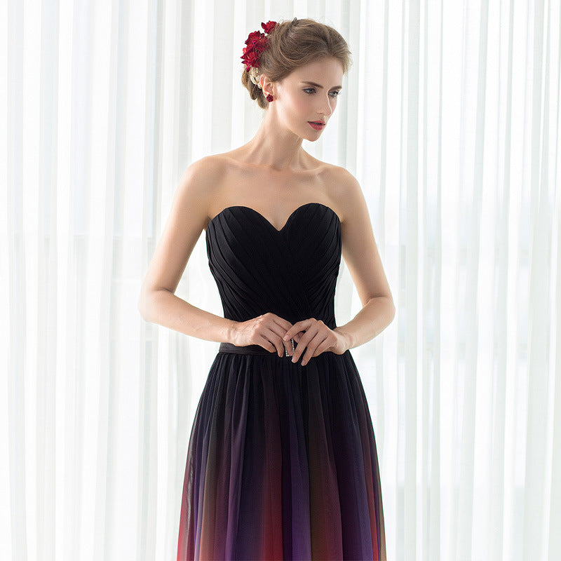 Red Color Gradient Belted Waist Bandeau Prom Dress