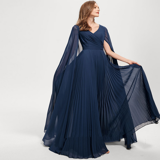 Navy V Neck Long Sleeves Long Evening Dress