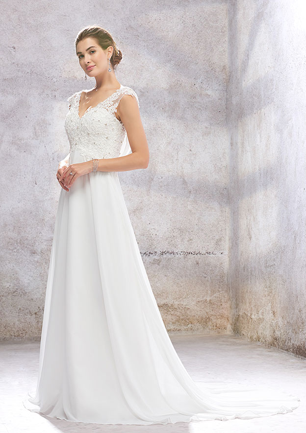 White A-Line Applique Beaded Sleeveless Long Wedding Dress