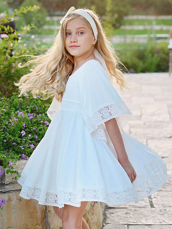 White A-Line Square Neck Half Sleeves Kids Party Dress