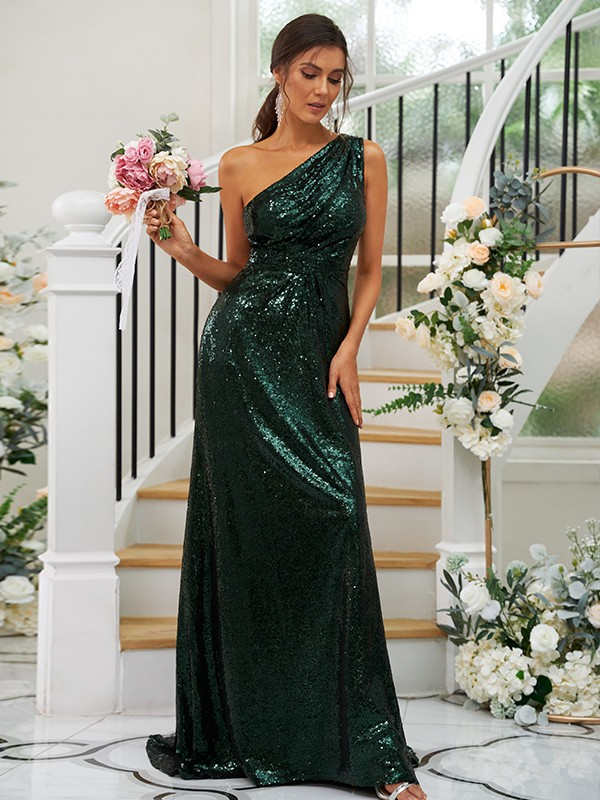 Sequin Oblique Shoulder Sleeveless Maxi Bridesmaid Dress