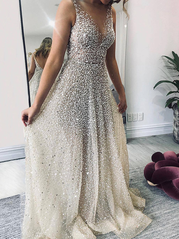 Silver Sparking Sleeveless Evening Dress