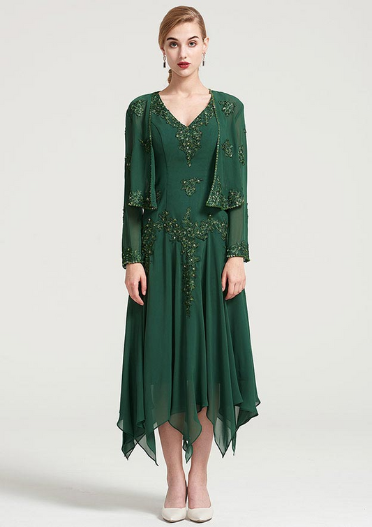 Green Appliqued Beaded Bridesmaid Dress