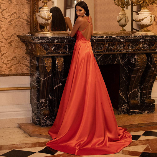 Orange Cowl Neck Sleeveless Long Evening Dress