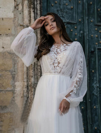 White Mesh Embroidered Lace Wedding Dress