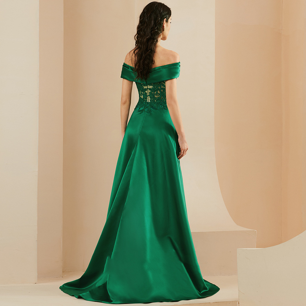 Green Embroidered Off-Shoulder Evening Slit Dress