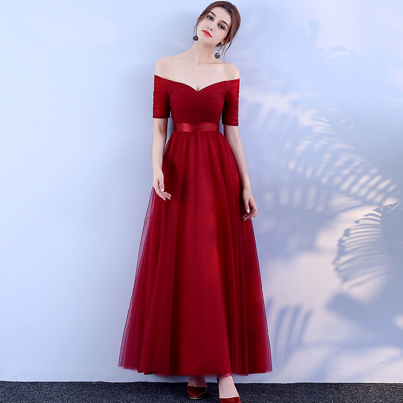 Off-Shoulder Short Sleeves Long Evening Dress