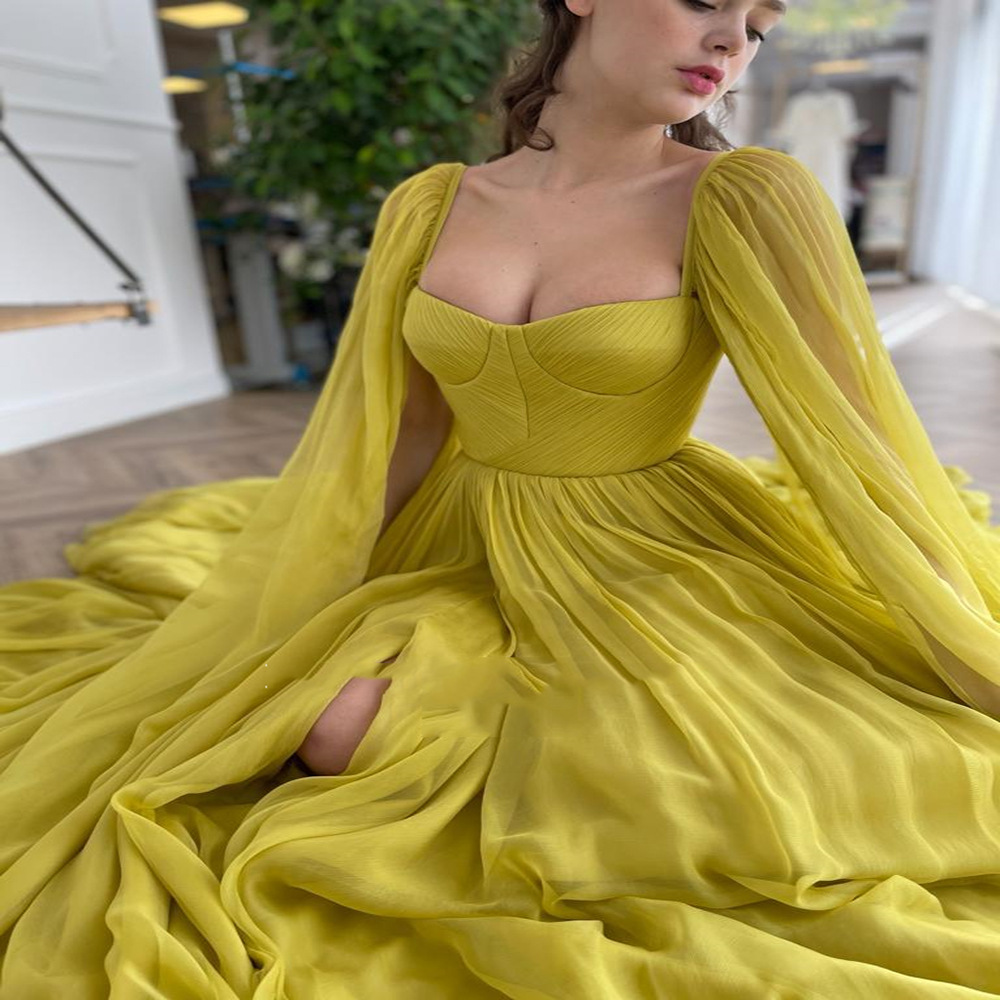 Yellow Long Sleeves Evening Slit Dress