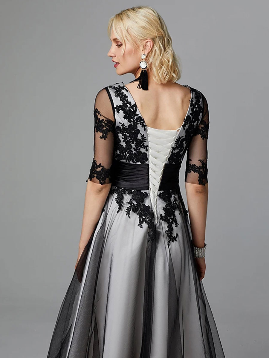 Black Embroidered Jewel Neck Long Sleeves Bridesmaid Dress