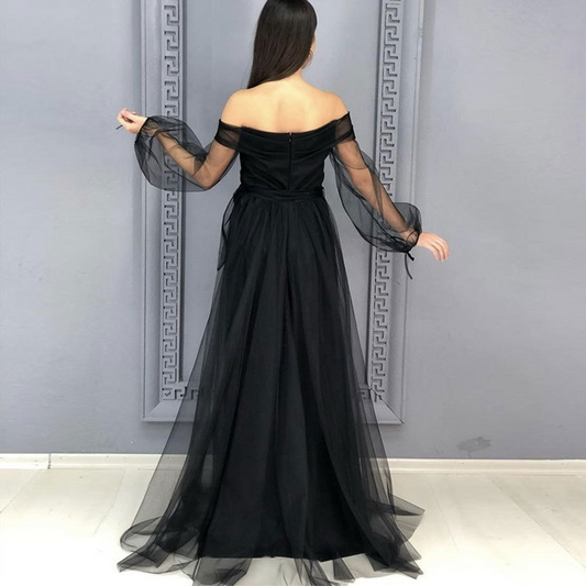 Black Mesh Long Puff Sleeves Long Evening Slit Dress