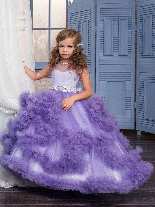 Jewel Neck Short Sleeves Long Kids Wedding Dress