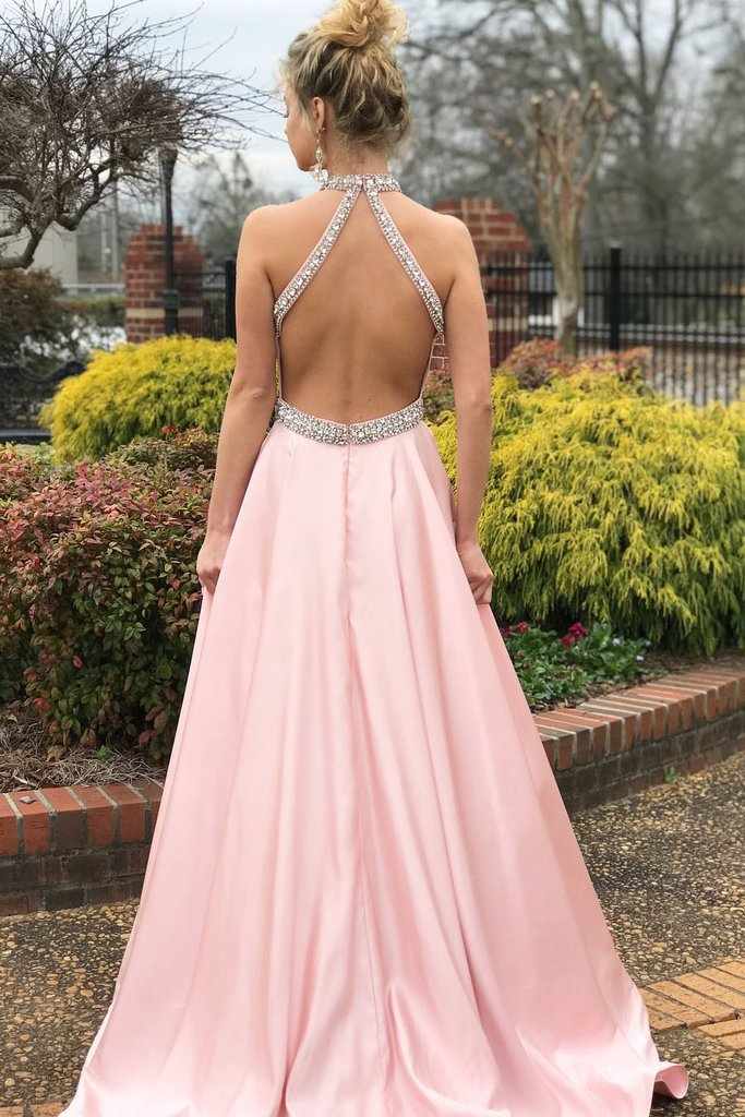 Pink Halter Neck Backless Sleeveless Evening Dress