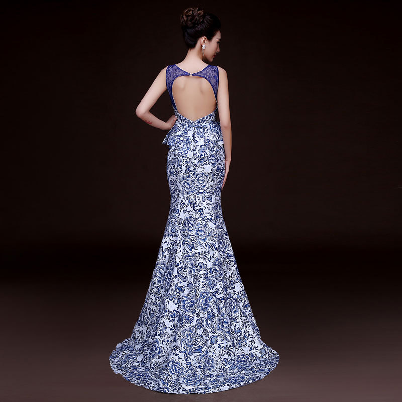 Blue Printed Backless Fishtail Long Evening Dress