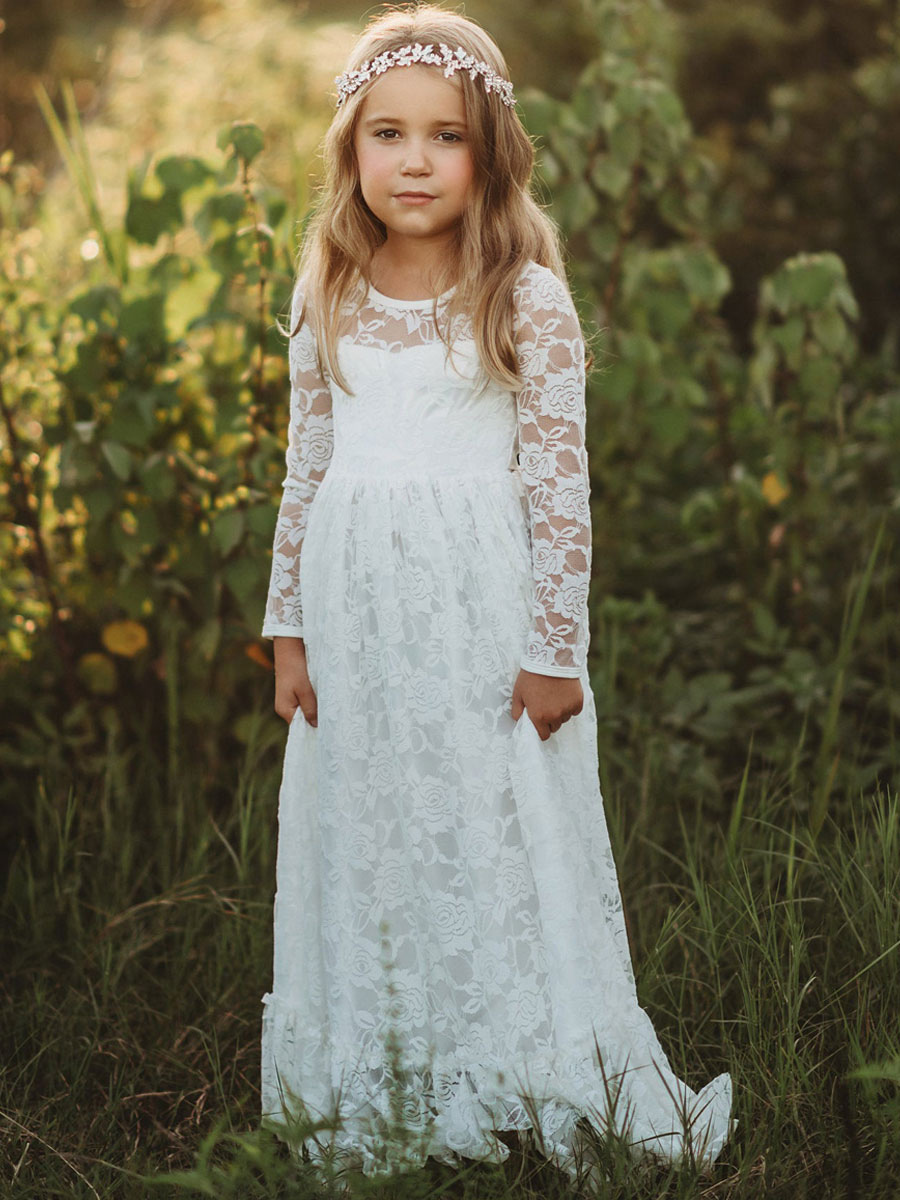 White Lace Long Sleeves Tie Back Kids Party Dress