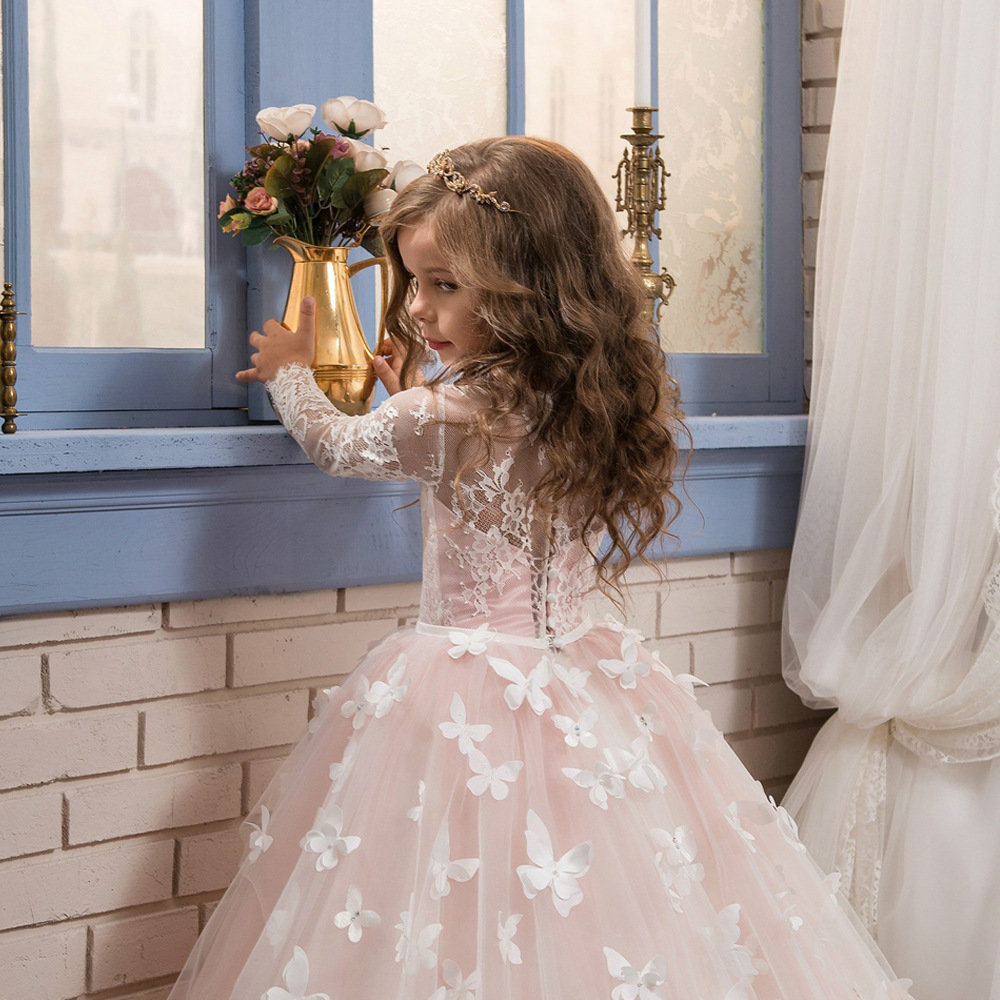 Lace Butterfly Applique Full Sleeves Kids Wedding Dress