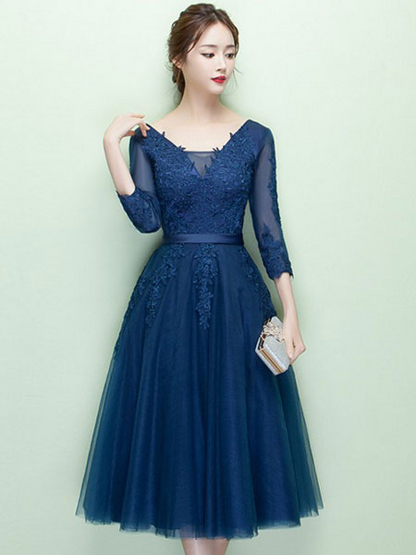 Navy Lace Applique V Neck Long Sleeves Prom Dress