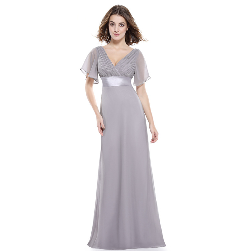 Deep V Neck Short Sleeves Bridesmaid Dress