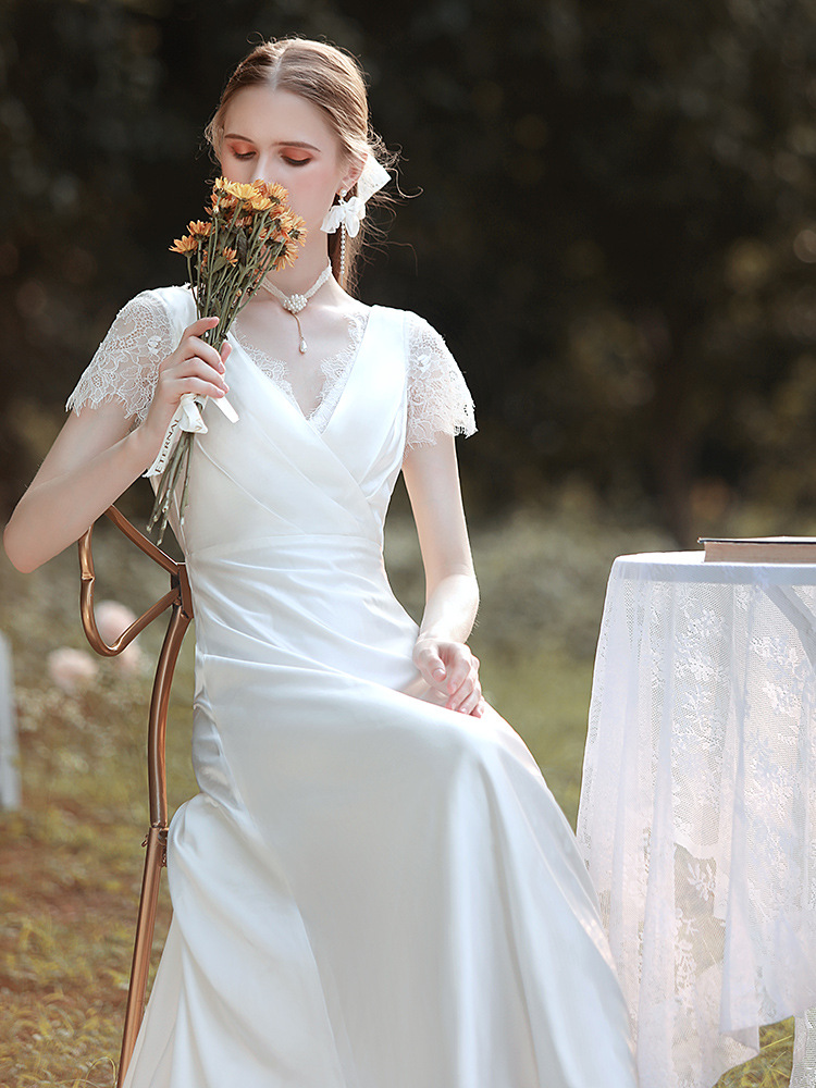 White V-Neck Short Sleeves Wedding Dress