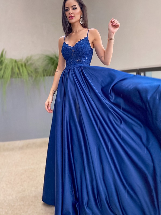 Blue A-Line Long Evening Dress