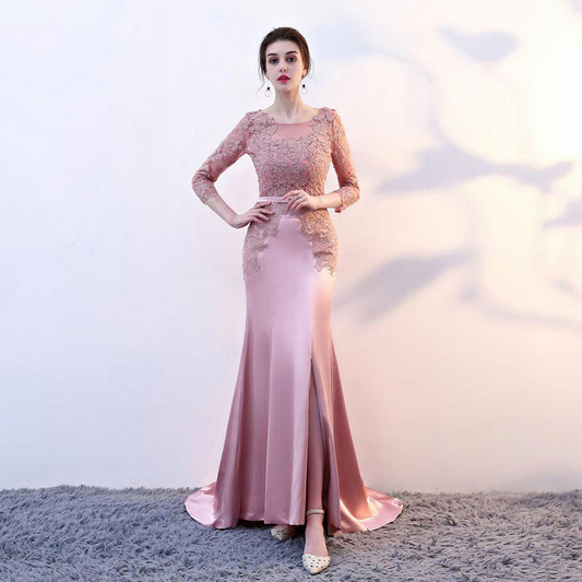 Pink Lace Embroidered Fishtail Evening Dress