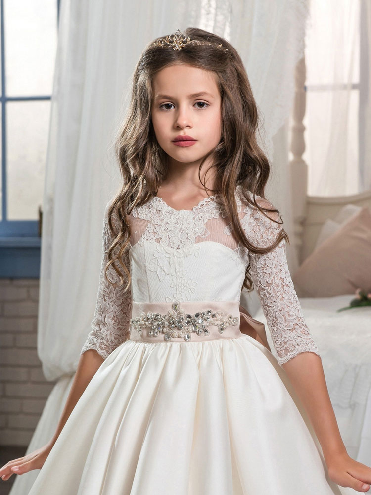 Ivory Lace Cut Out Back Half Sleeves Kids Wedding Dress