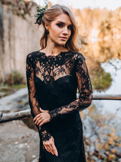 Black Lace Backless Long Sleeves Brush Train Wedding Dress