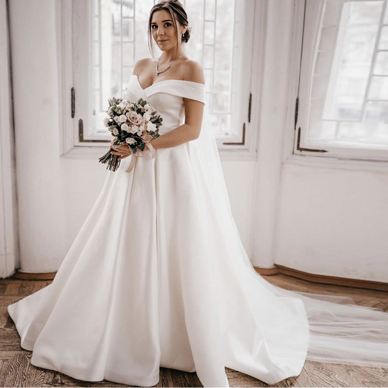 White Simple Off-Shoulder Wedding Dress