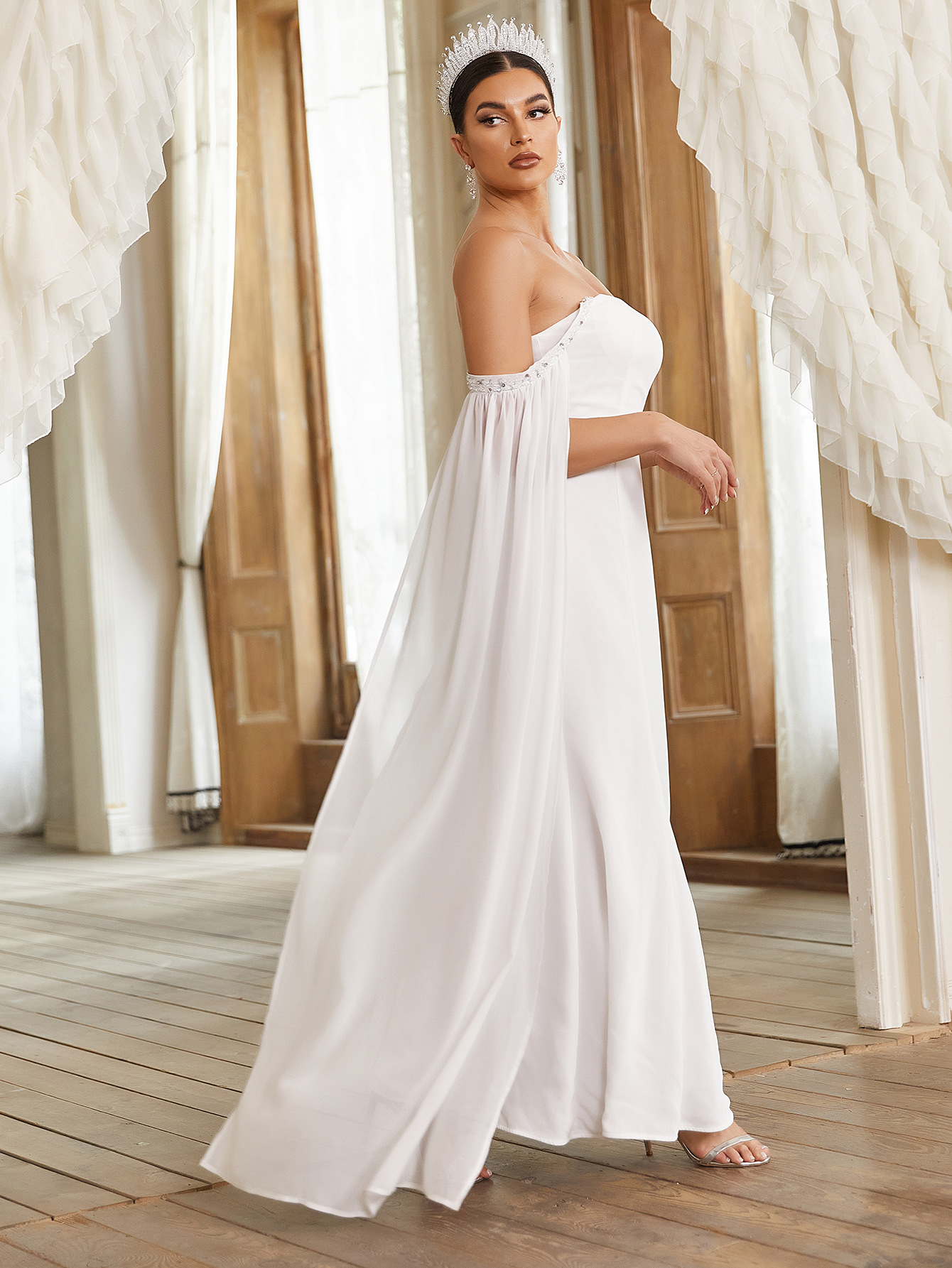 Off-Shoulder Long Sleeves Slit Wedding Dress