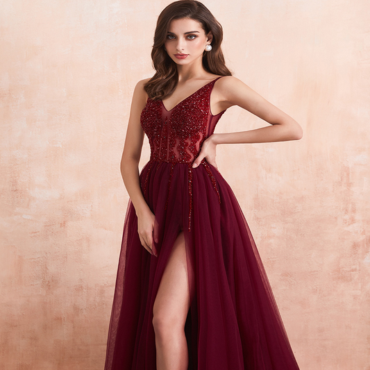 Deep V Neck Embroidered Evening Slit Dress