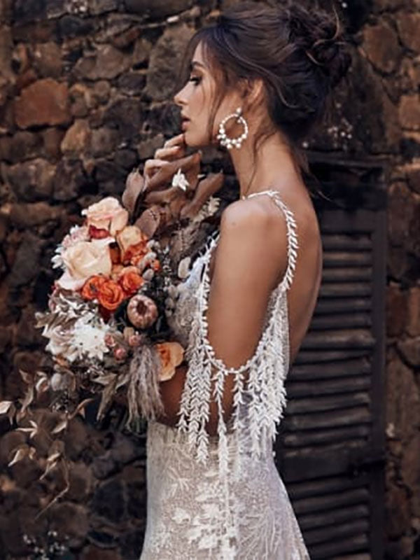 Lace Brush Train Boho Wedding Dress