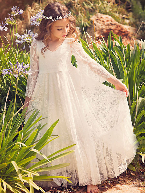 Lace Ivory V Neck Flare Sleeves Kids Party Dress