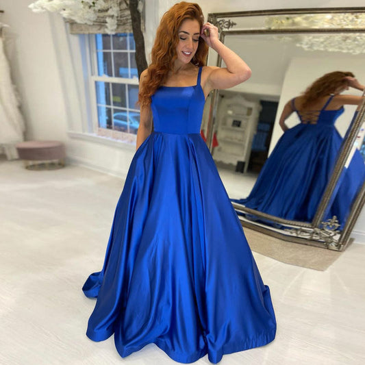 Royal Blue Satin Long Evening Dress