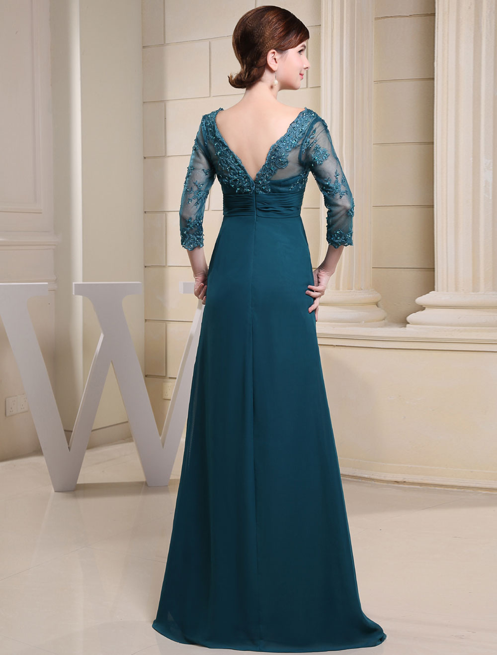 Teal Applique Beaded Long Sleeves Bridesmaid Dress