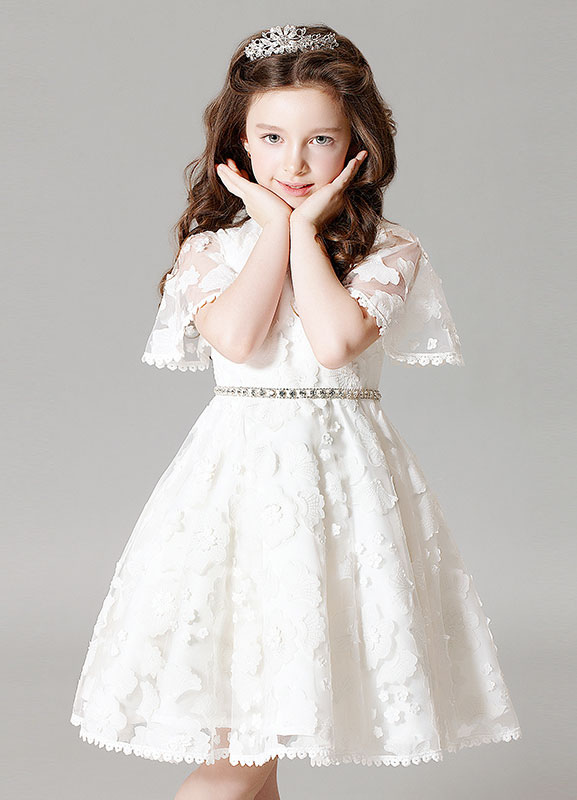 White Lace Bell Short Sleeves Short Kids Party Dress