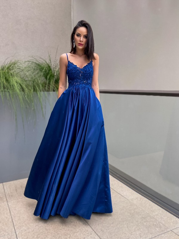 Blue A-Line Long Evening Dress