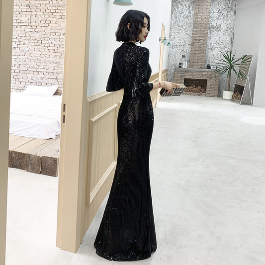 Black Sequin Long Sleeves Fishtail Evening Dress