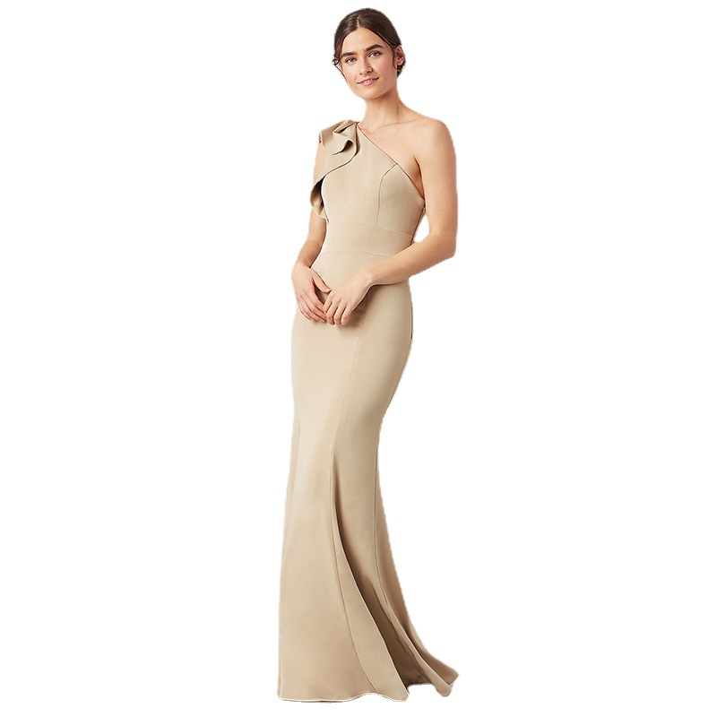 Oblique Shoulder Sleeveless Long Evening Dress