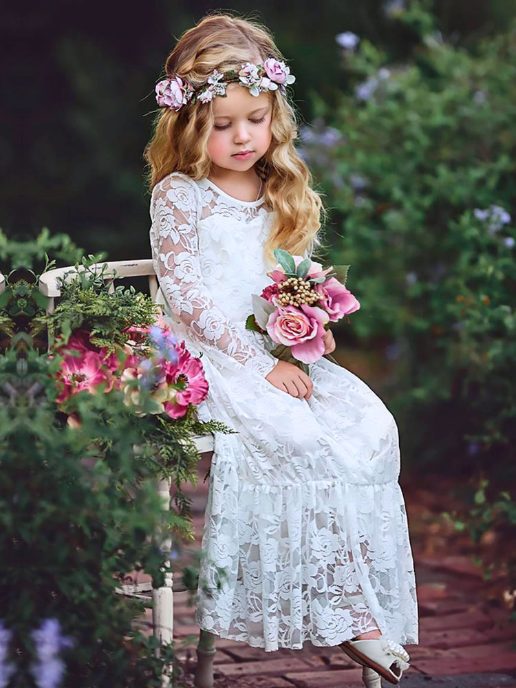 White Lace Long Sleeves Tie Back Kids Party Dress