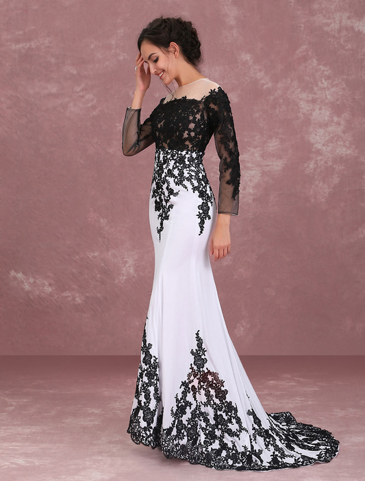 White Lace Black Embroidered Mermaid Prom Dress