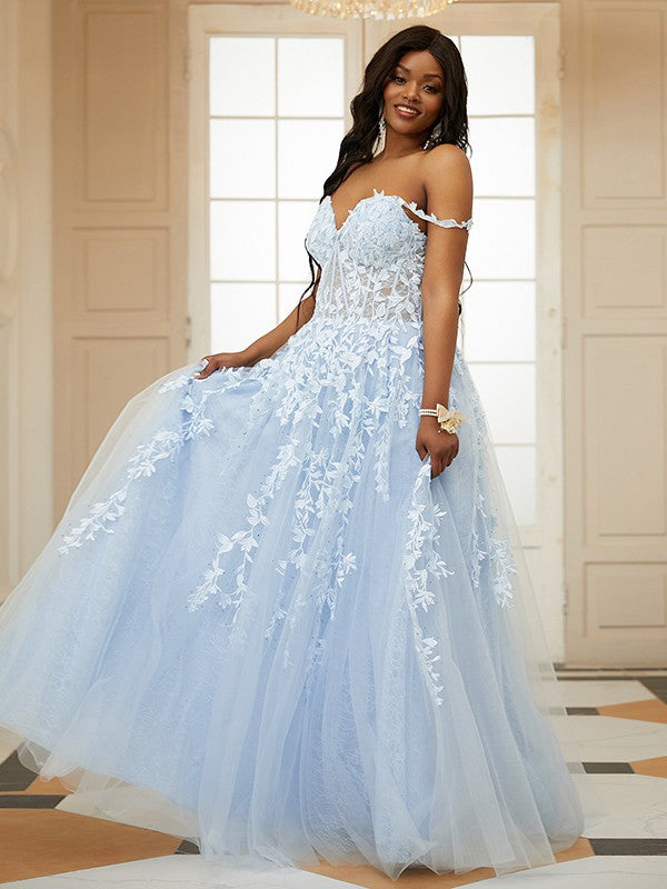 Appliqued Light Blue Off-Shoulder Long Evening Dress